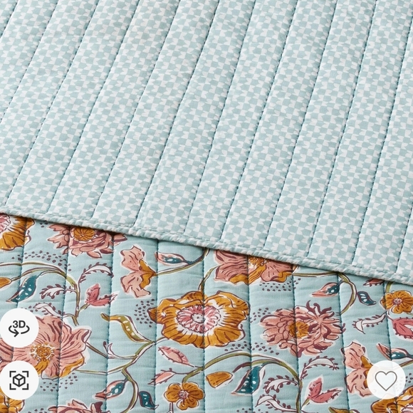 King Earthy Vines Quilt Light Teal Blue/Mustard Yellow/Light Pink Floral - Picture 4 of 7